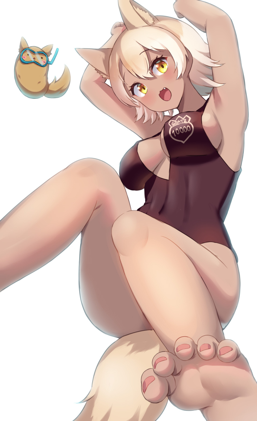 1girl, animal_costume, animal_ear_fluff, animal_ears, blonde_hair, blush, coyopotato, coyote_(kemono_friends), coyote_ears, coyote_girl, coyote_tail, goggles, highres, kemono_friends, kemono_friends_v_project, open_mouth, sawara_noa, short_hair, simple_background, smile, solo, swimsuit, tail, virtual_youtuber, white_background, yellow_eyes