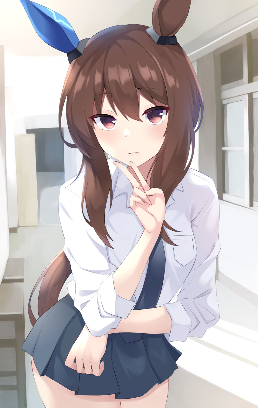 1girl, absurdres, admire_vega_(umamusume), animal_ears, blush, brown_hair, commentary_request, cowboy_shot
