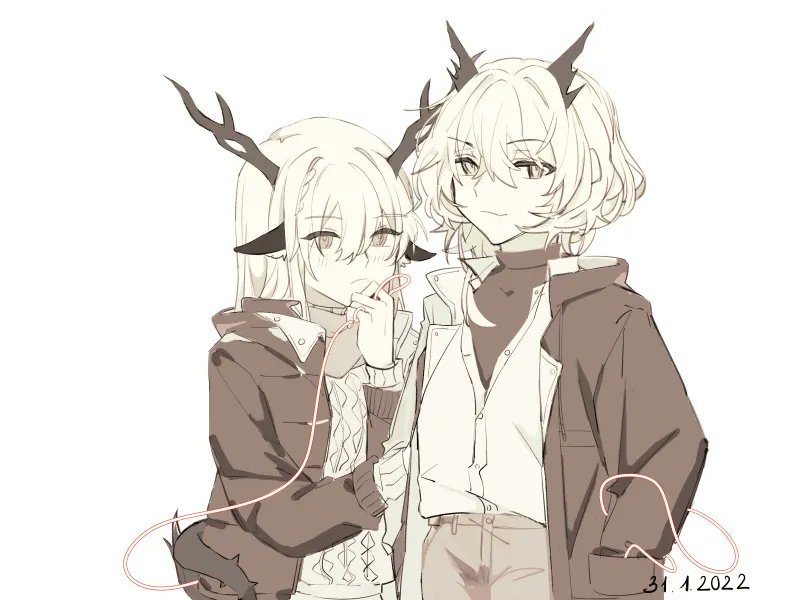 2girls, alina_(arknights), animal_ears, arknights, clistrd, commentary, dated, deer_antlers