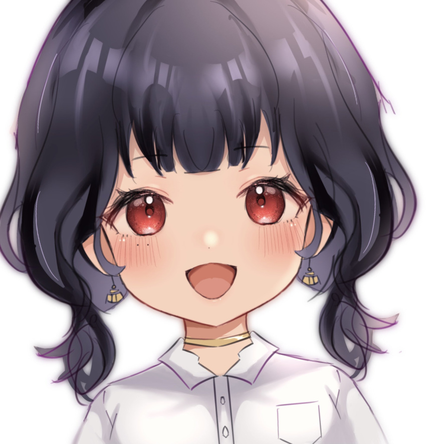 1girl, :d, bangs, black_hair, collared_shirt, earrings, english_commentary, gold_choker
