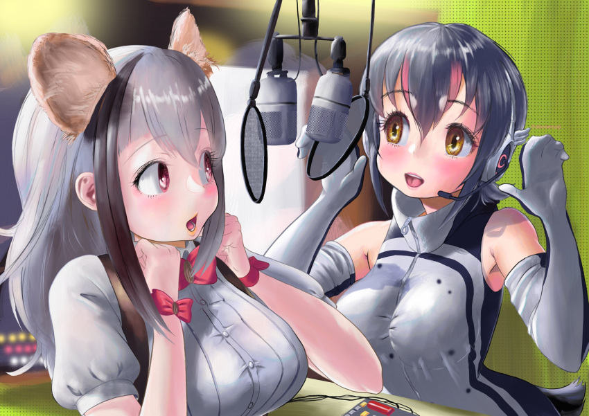 2girls, aburaeoyaji, animal_costume, animal_ear_fluff, animal_ears, black_hair, bow, bowtie