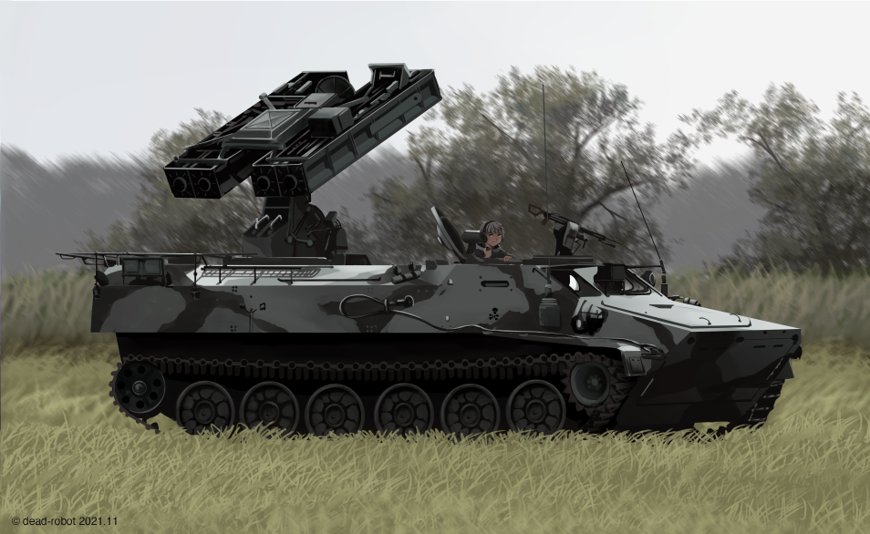 1girl, 9k35_strela10, artist_name, caterpillar_tracks, commentary, commentary_request, dated, dead-robot