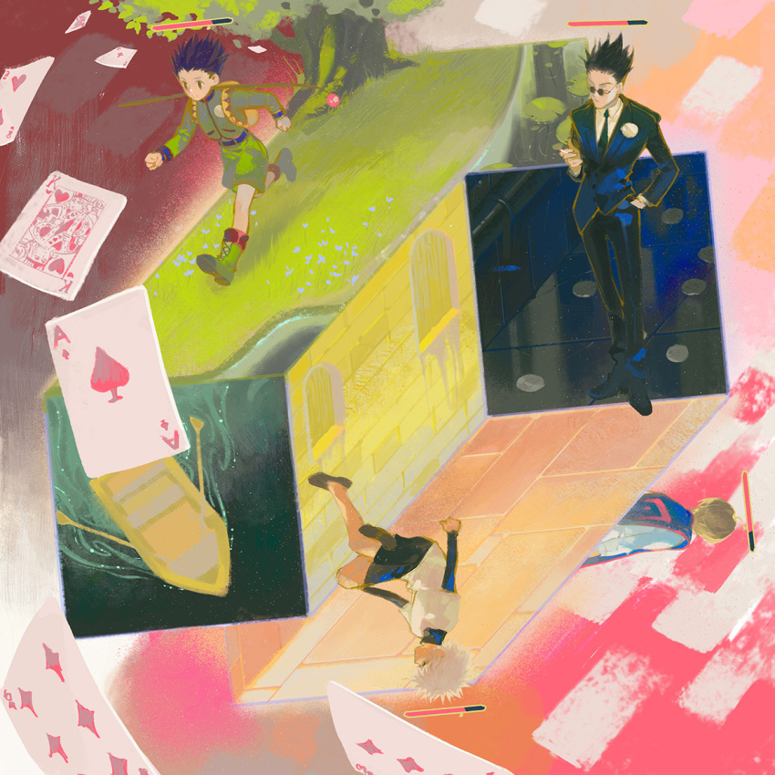 4boys, ace_of_diamonds, ace_of_hearts, arch, arms_at_sides, backpack, bag, belt, black_footwear, black_hair, black_jacket, black_necktie, black_pants, black_shirt, black_shorts, blonde_hair, boat, boots, boutonniere, brick_wall, buttons, card, cigarette, clenched_hands, collared_shirt, cross-laced_footwear, diamond_(shape), door, facing_away, field, fishing_rod, floating_card, flower, gon_freecss, grass, green_footwear, green_jacket, green_shorts, hand_in_pocket, hand_up, health_bar, heart, hengwen, holding, holding_cigarette, hunter_x_hunter, jacket, jumping, killua_zoldyck, kurapika, lace-up_boots, layered_clothes, layered_shirt, layered_sleeves, leorio_paladiknight, long_sleeves, looking_away, male_focus, multiple_boys, necktie, pants, playing_card, profile, projected_inset, running, running_bond, shirt, shoes, short_hair, short_over_long_sleeves, short_sleeves, shorts, spiky_hair, standing, sunglasses, surreal, tabard, tree, upside-down, water, watercraft, white_flower, white_hair, white_shirt, window