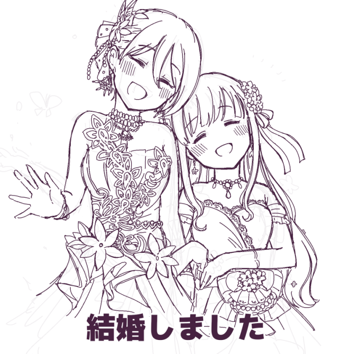 2girls, bow, closed_eyes, dress, flower, gloves, hagoromo_komachi_(idolmaster), hair_flower