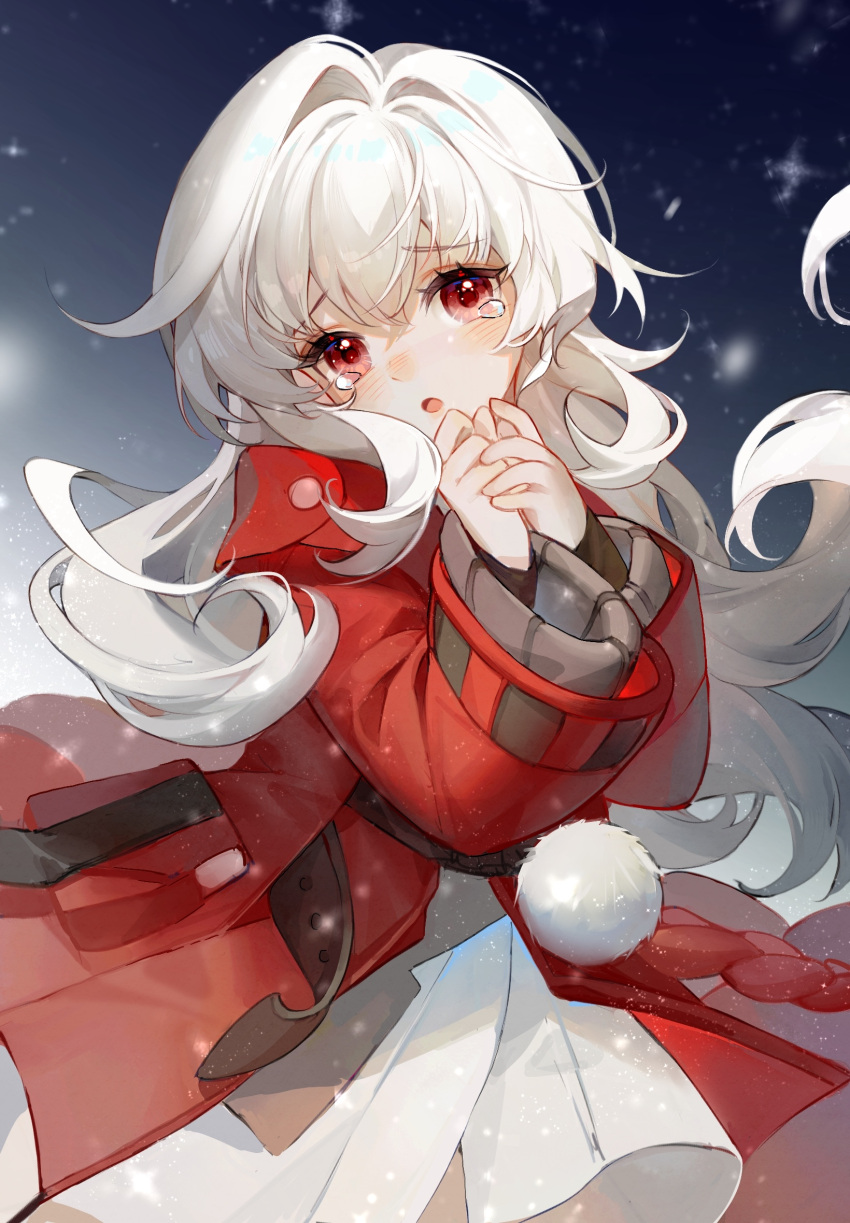 1girl, :o, bangs, belt, blue_background, blush, clara_(honkai:_star_rail), cowboy_shot, dress, eyelashes, floating_hair, hands_up, highres, honkai:_star_rail, honkai_(series), jacket, layered_sleeves, light_particles, long_hair, long_sleeves, looking_at_viewer, motion_blur, mumian_doufu, open_mouth, pom_pom_(clothes), red_jacket, rope, sidelocks, simple_background, snowing, solo, tears, very_long_hair, white_dress, white_hair