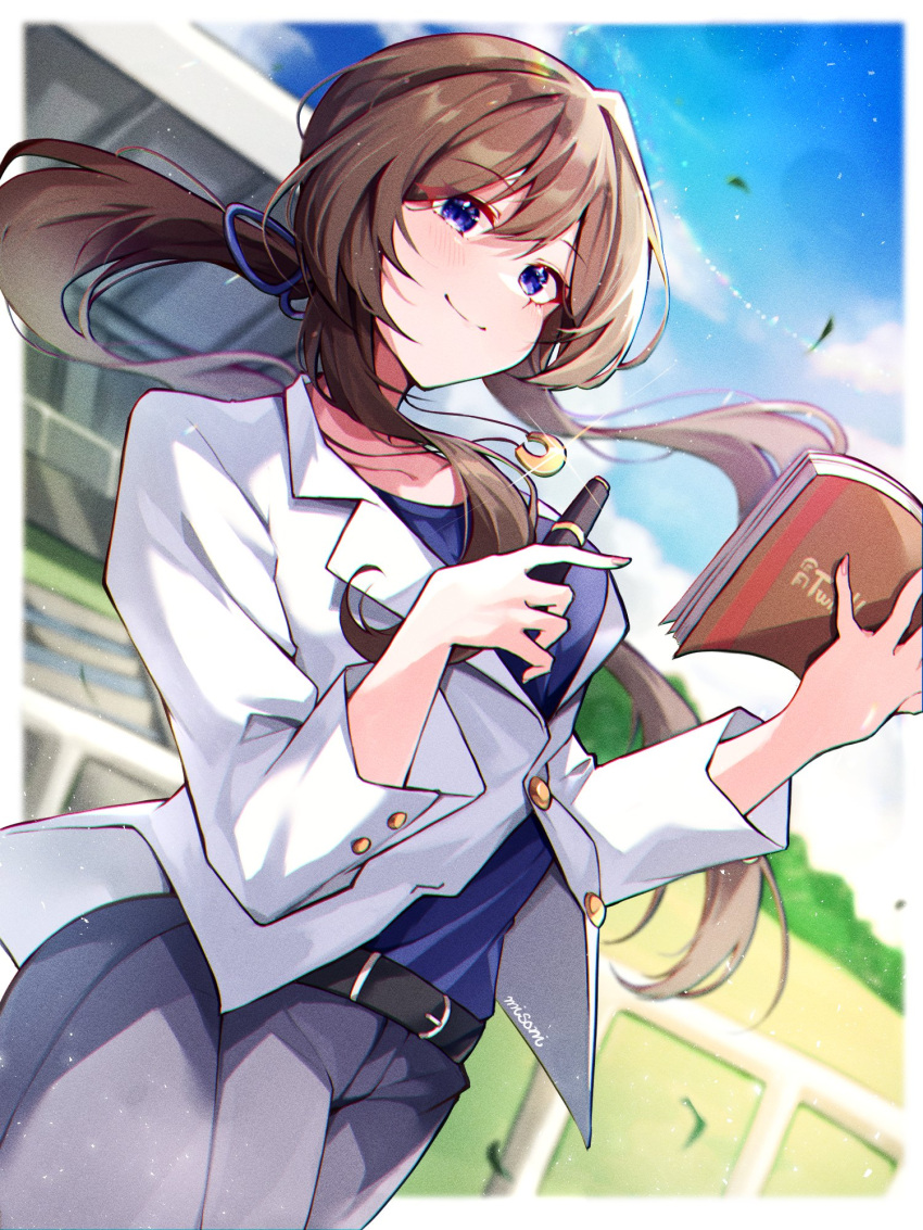 1girl, belt, blue_ribbon, blue_shirt, brown_hair, formal, grey_pants, hair_ribbon
