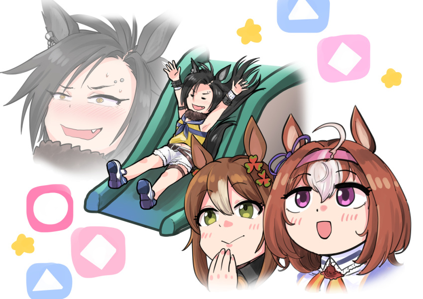 3girls, :>, ahoge, air_shakur_(umamusume), animal_ears, black_hair, blue_neckerchief, blue_sailor_collar, brown_hair, clover, clover_hair_ornament, embarrassed, eyebrow_piercing, fang, fine_motion_(umamusume), fur-trimmed_shorts, fur_trim, hair_between_eyes, hair_ornament, hairband, horse_ears, horse_girl, meisho_doto_(umamusume), midriff, multiple_girls, navel, neckerchief, noba_(ne83ko61), piercing, pink_hairband, pyoitto_hareruya, sailor_collar, shirt, shoes, shorts, sleeveless, sleeveless_shirt, slide, sneakers, umamusume, violet_eyes, white_hair, white_shorts, yellow_eyes