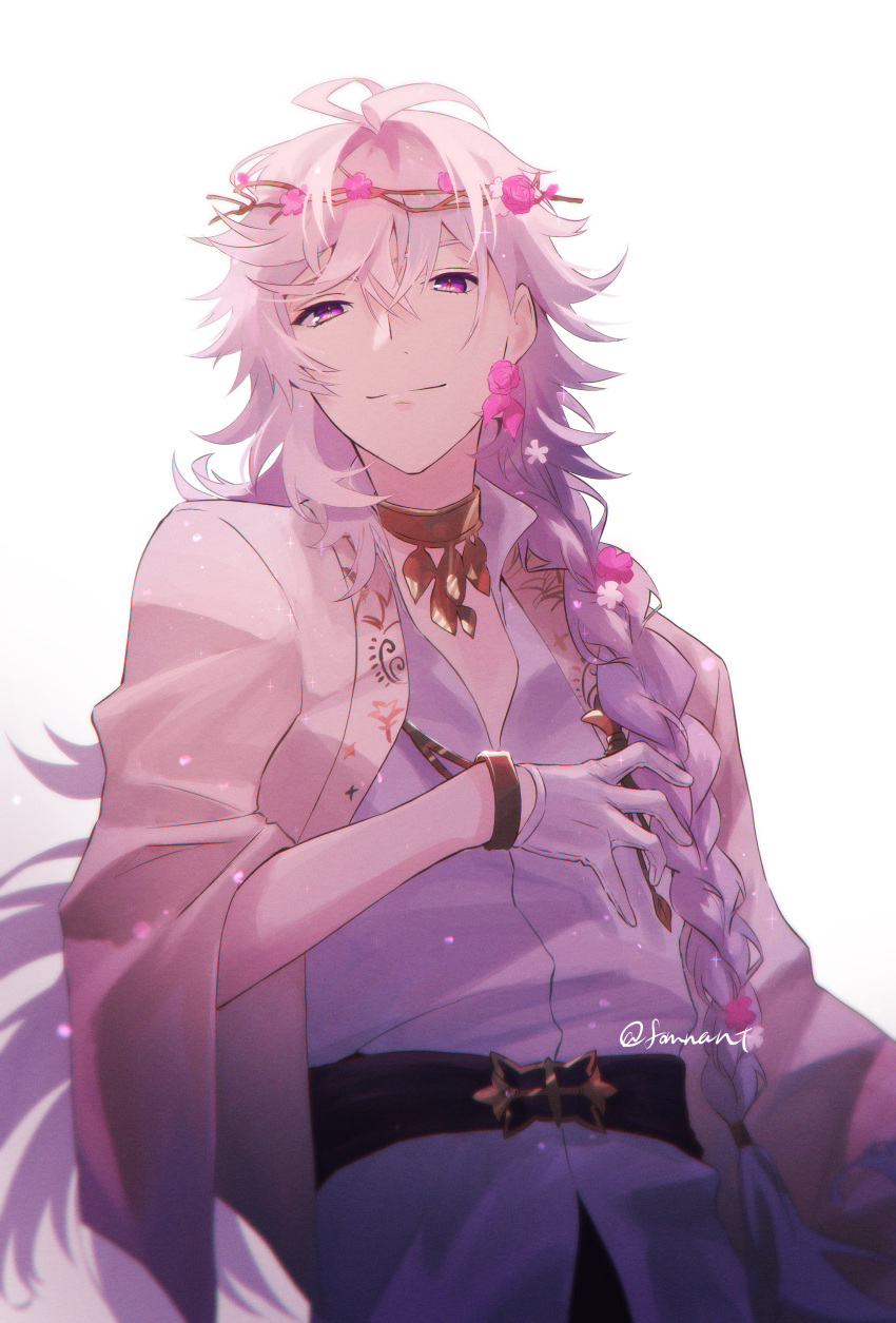 1boy, absurdres, ahoge, bangs, belt, braid, choker, closed_mouth