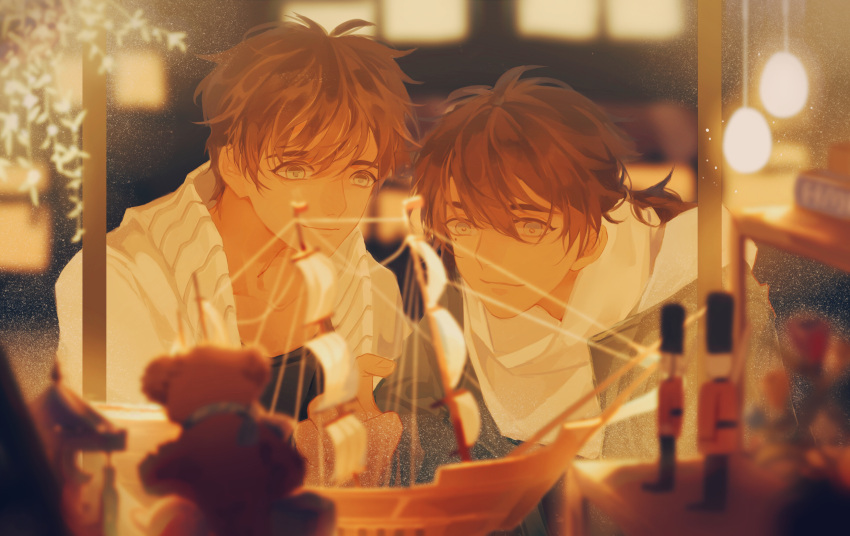 2boys, absurdres, axis_powers_hetalia, blue_eyes, blurry, book, book_stack, brown_hair