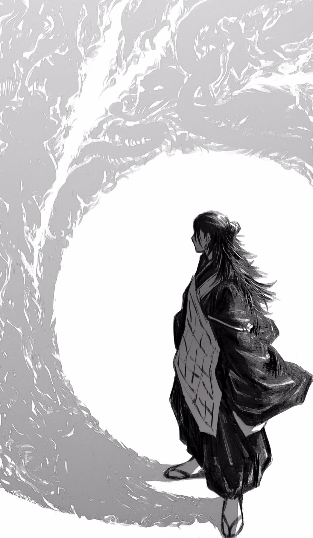 1boy, different_shadow, flipped_hair, from_above, getou_suguru, greyscale, hair_bun, half_updo