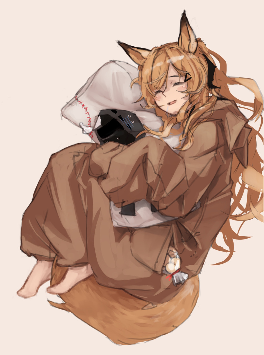 1girl, animal_ears, arknights, bag, barefoot, blush, brown_hair, brown_pajamas