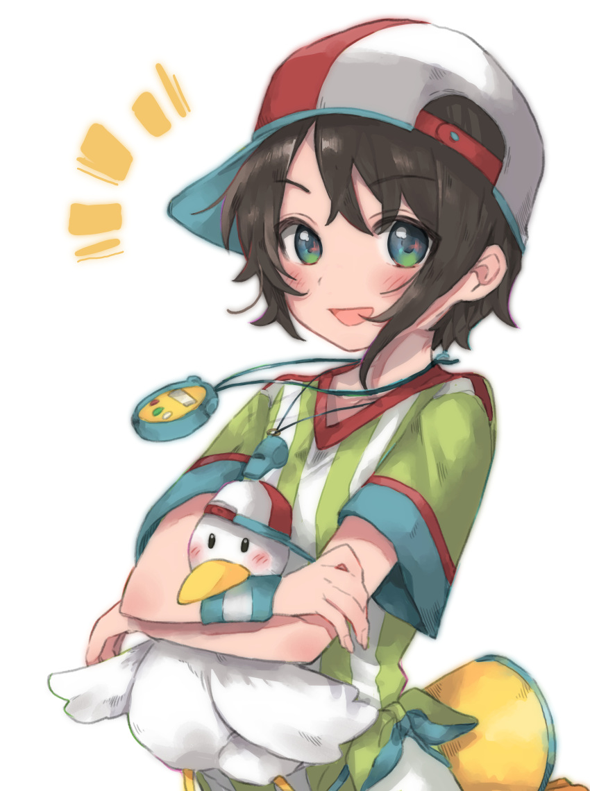 1girl, absurdres, animal, backwards_hat, baseball_cap, bird, blue_eyes, brown_hair, commentary_request, crossed_arms, duck, from_side, green_shirt, hat, highres, holding, holding_animal, hololive, kukai, looking_at_viewer, notice_lines, oozora_subaru, open_mouth, red_headwear, shirt, short_hair, simple_background, smile, solo, standing, stopwatch_around_neck, striped, striped_shirt, subaru_duck, sweatband, t-shirt, tied_shirt, two-tone_headwear, upper_body, vertical-striped_shirt, vertical_stripes, virtual_youtuber, whistle, whistle_around_neck, white_background, white_headwear, white_shirt, wristband