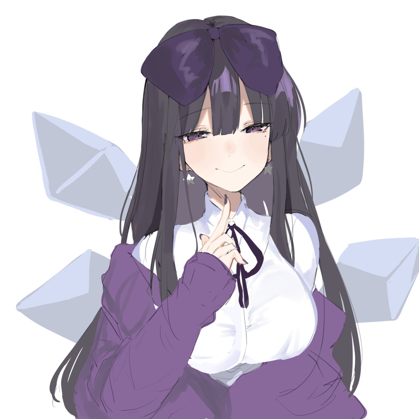 1girl, absurdres, bangs, black_hair, bow, breasts, closed_mouth, collared_shirt