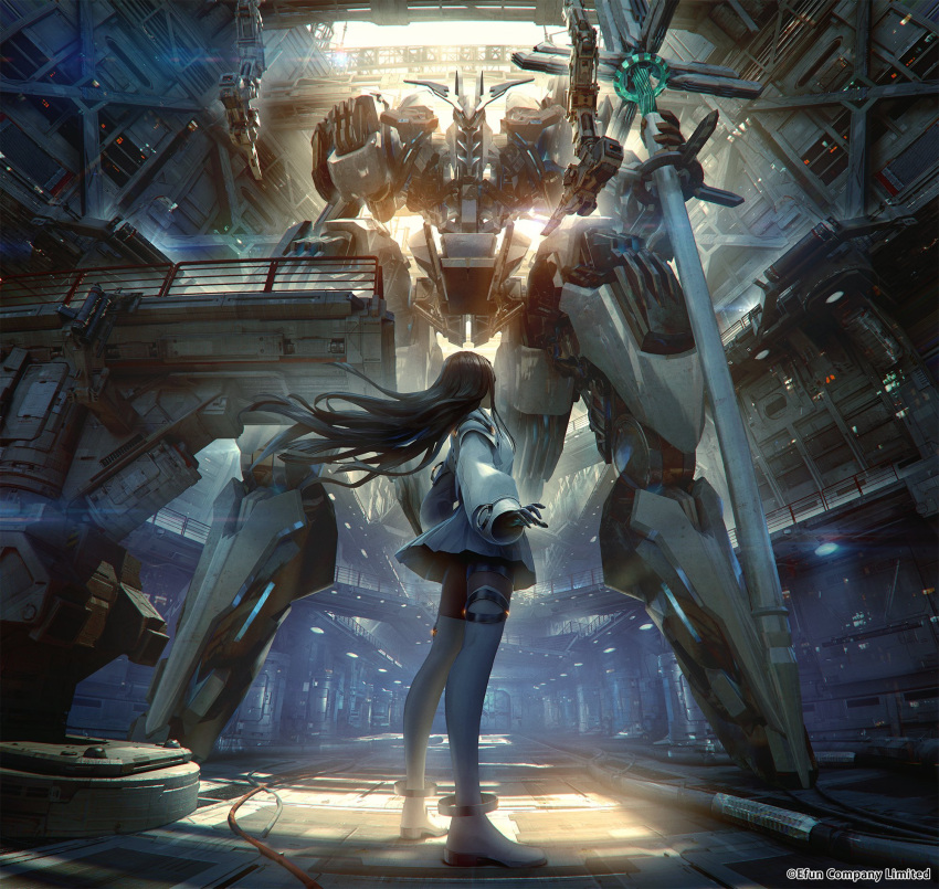 1girl, black_gloves, black_hair, black_pantyhose, cassandra_(quantum_maki), floating_hair, gloves, grey_skirt