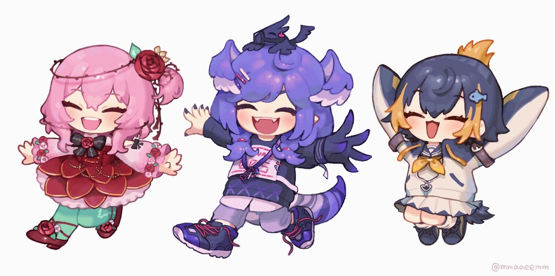 3girls, ^_^, animal_on_head, black_footwear, black_hair, black_hoodie, chibi, closed_eyes