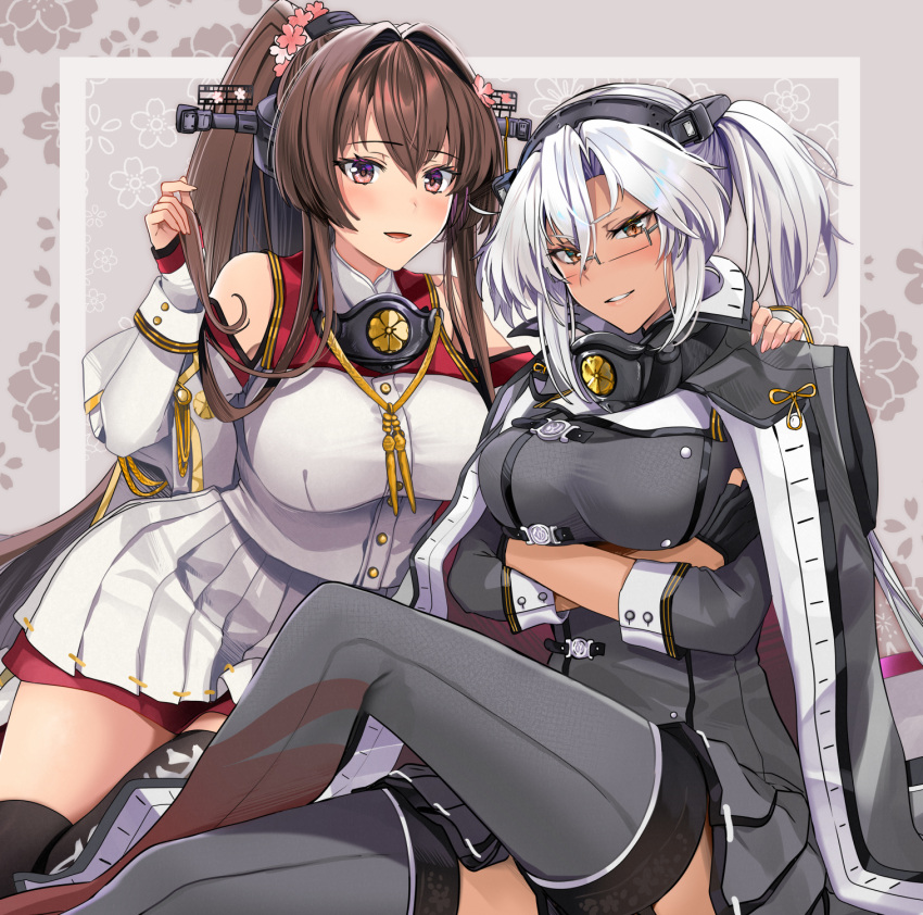 2girls, blush, breasts, brown_eyes, brown_hair, coat, crossed_arms, flower