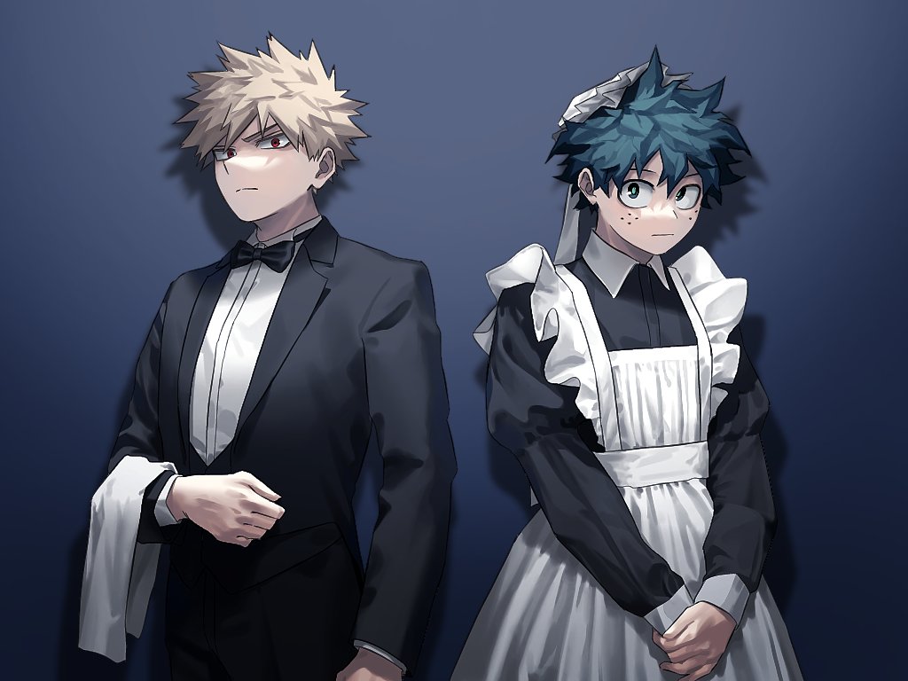 2boys, apron, bakugou_katsuki, black_bow, black_bowtie, blonde_hair, boku_no_hero_academia, bow