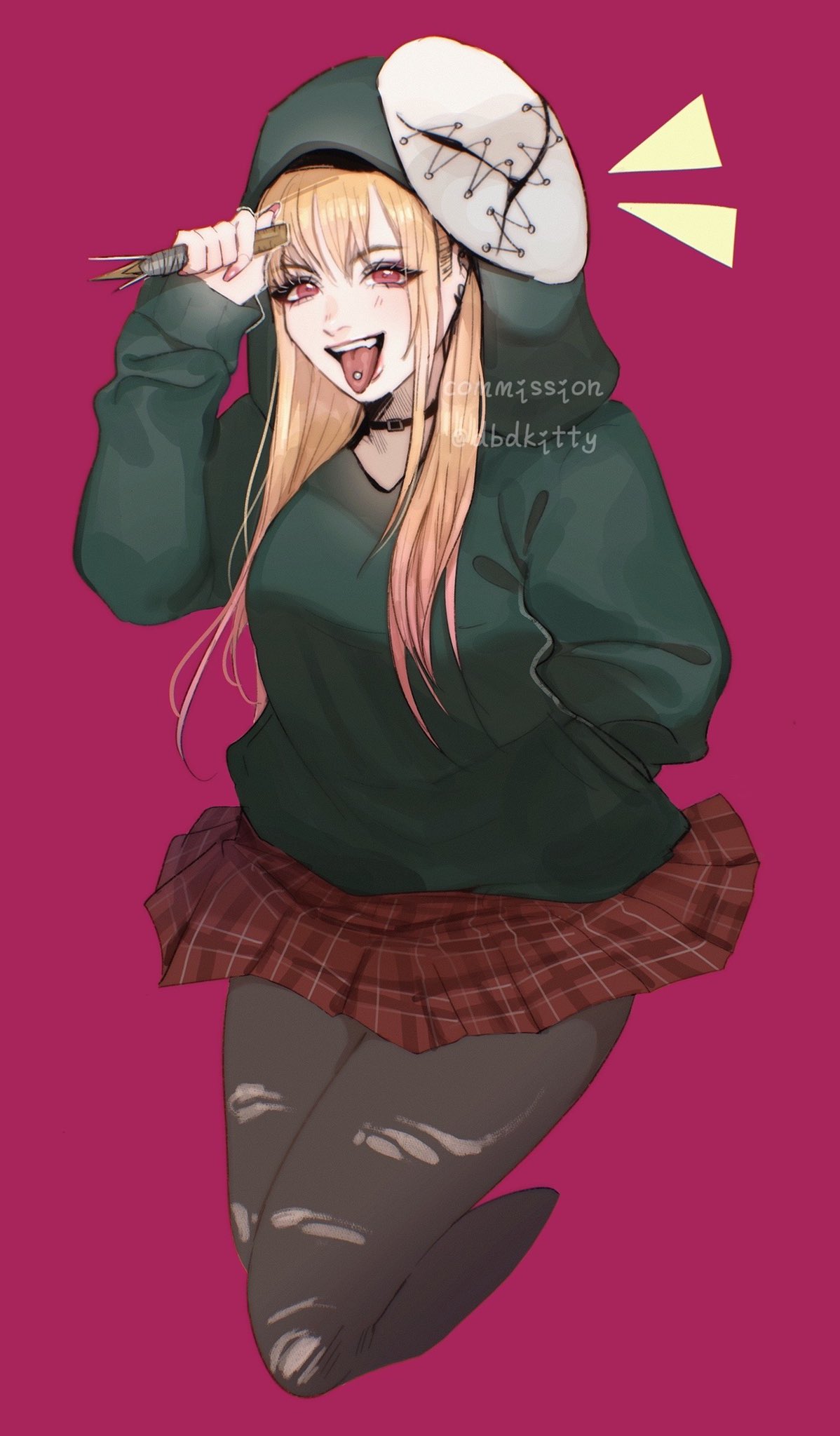 black_hoodie, black_pantyhose, blonde_hair, colored_tips, commission, cosplay, dbdkitty, dead_by_daylight, english_commentary, highres, holding, holding_knife, hood, hoodie, kitagawa_marin, knife, long_hair, looking_at_viewer, mask, mask_on_head, multicolored_hair, pantyhose, piercing, pink_hair, plaid, plaid_skirt, red_eyes, red_skirt, skirt, smile, sono_bisque_doll_wa_koi_wo_suru, the_legion_(dead_by_daylight), the_legion_(dead_by_daylight)_(cosplay), tongue, tongue_out, tongue_piercing, watermark