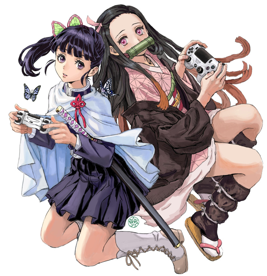 absurdres, black_hair, blue_hair, blue_skirt, bug, butterfly, controller, gagged
