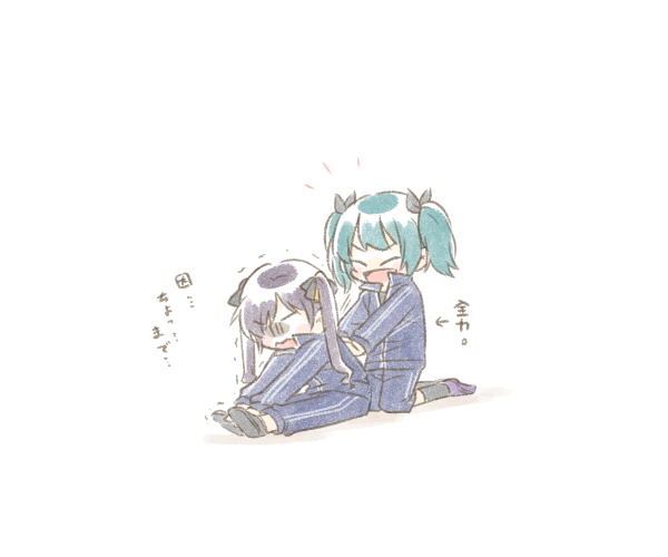 2girls, :d, ^_^, aqua_hair, arrow_(symbol), assault_lily, assisted_stretching, behind_another