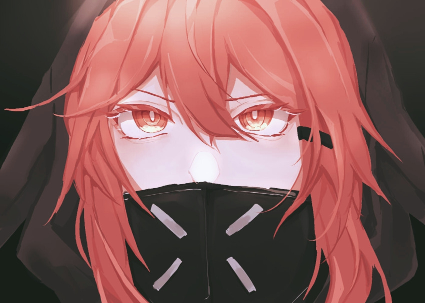 1girl, arknights, bamusu_(ge931), black_background, black_mask, close-up, covered_mouth, crownslayer_(arknights)