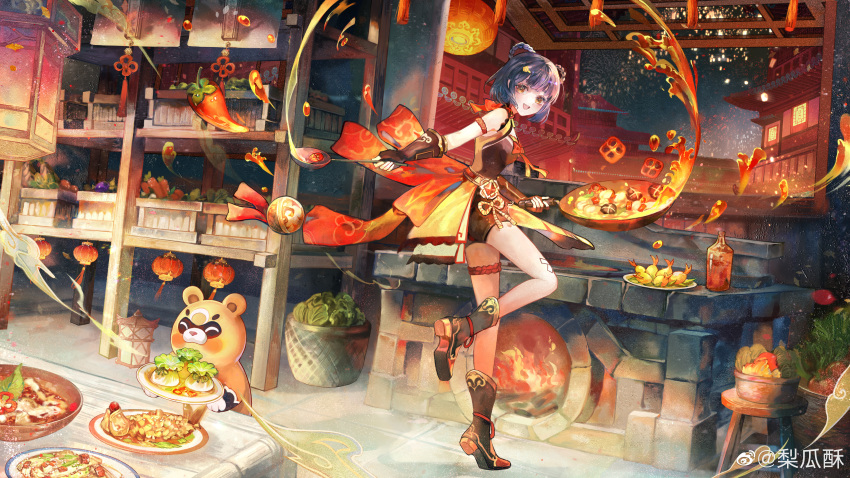 1girl, 1other, absurdres, animal_ears, bangs, bear, bear_ears, black_hair, china_dress, chinese_clothes, cooking, dress, eyebrows_hidden_by_hair, fingerless_gloves, food, genshin_impact, gloves, guoba_(genshin_impact), highres, li_guai_su, looking_at_viewer, looking_back, open_mouth, plate, short_hair, smile, standing, standing_on_one_leg, xiangling_(genshin_impact), yellow_eyes