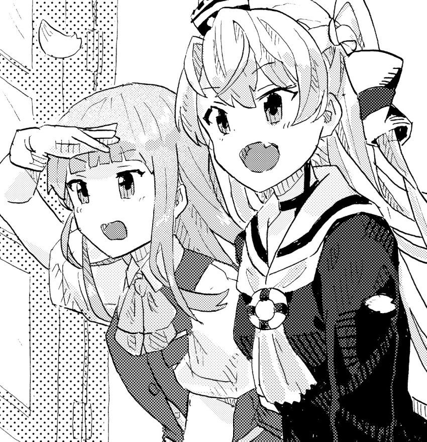 2girls, amatsukaze_(kancolle), ascot, bangs, blunt_bangs, bonozako, collared_shirt, commentary_request
