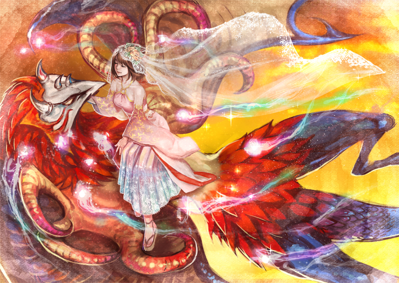 1girl, bare_shoulders, bridal_veil, brown_hair, closed_eyes, detached_sleeves, dress, final_fantasy
