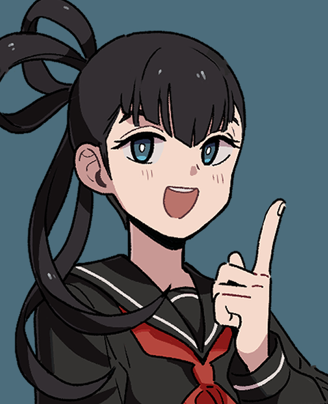 1girl, :d, bangs, black_serafuku, blue_background, blue_eyes, closed_mouth, commentary