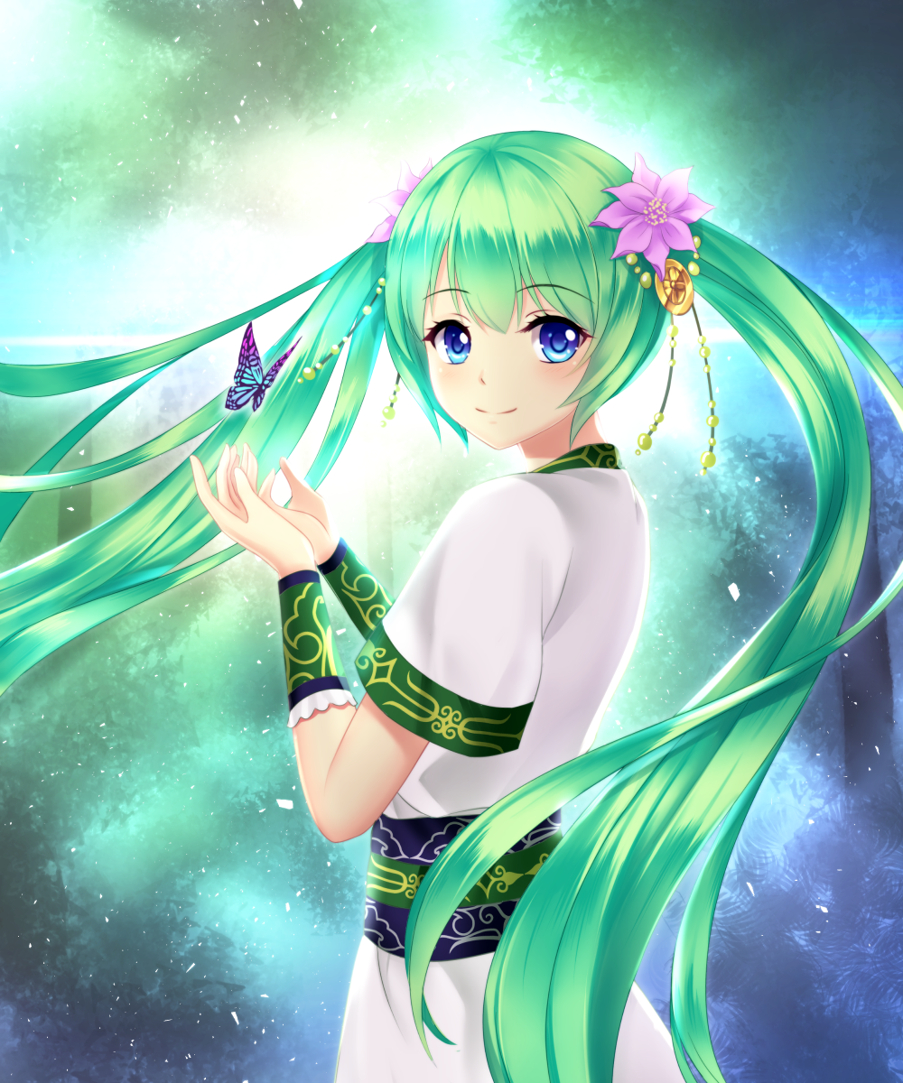 1girl, ainu_clothes, blue_eyes, bug, butterfly, flower, green_hair, hair_flower