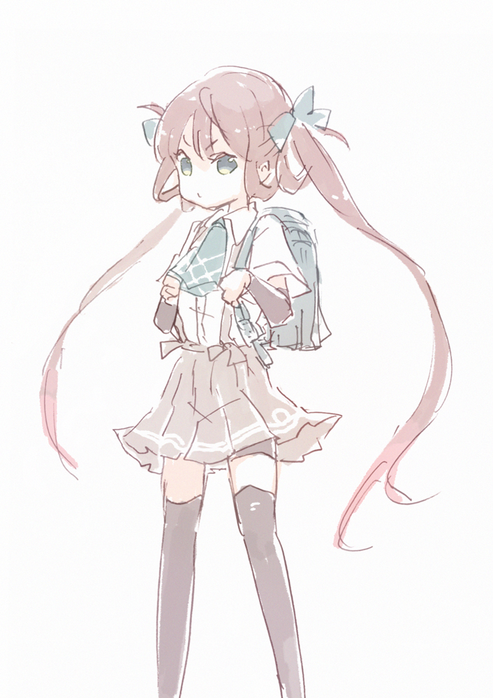 1girl, arm_warmers, asagumo_(kancolle), ascot, backpack, bag, black_thighhighs, blue_ascot, brown_hair, collared_shirt, dress_shirt, grey_eyes, hair_ribbon, kantai_collection, long_hair, miko_(35nikomi), randoseru, ribbon, shirt, short_sleeves, simple_background, skirt, solo, standing, suspender_skirt, suspenders, thigh-highs, twintails, white_background, white_shirt