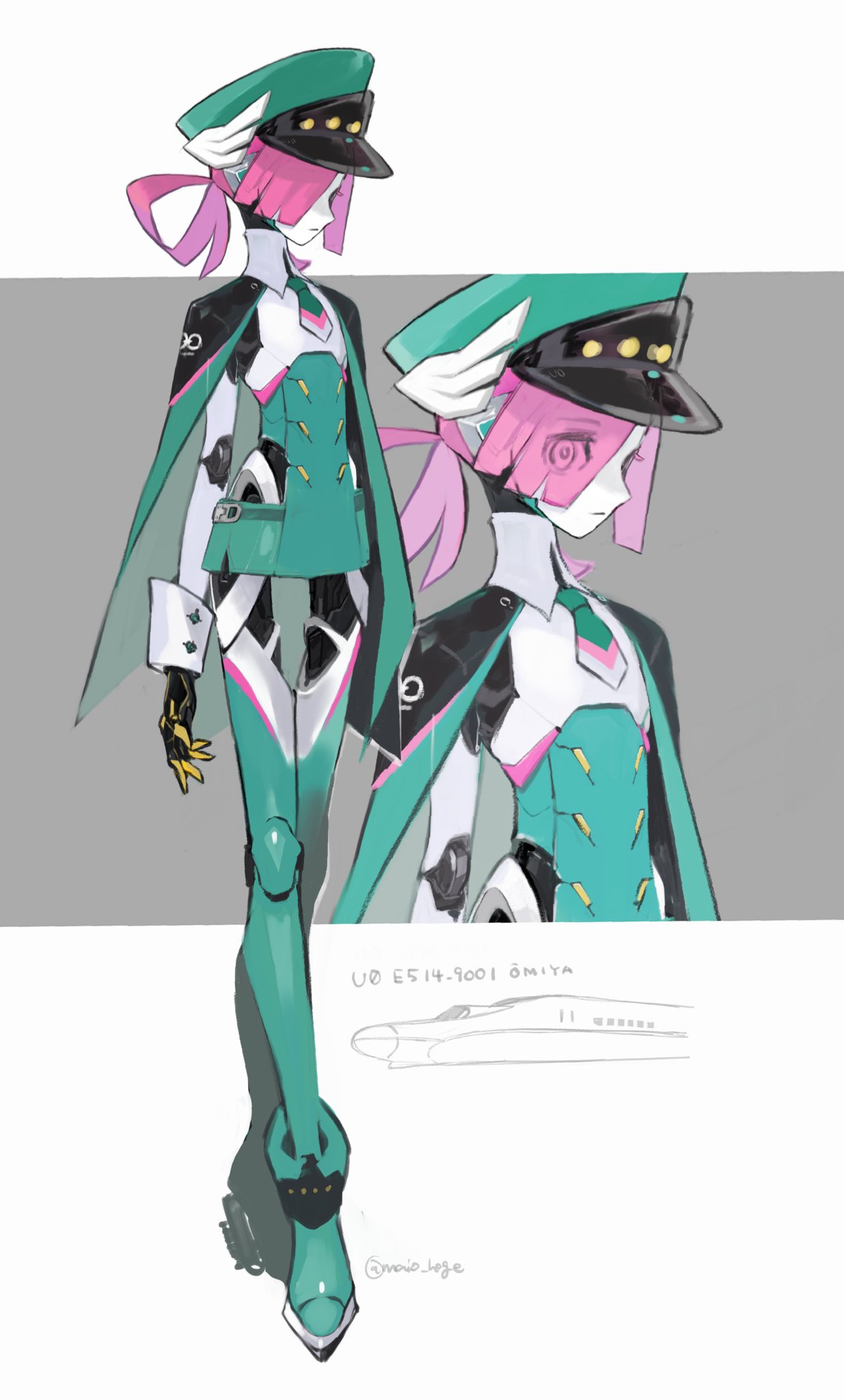 1girl, android, arms_at_sides, cloak, commentary, eyes_visible_through_hair, flat_chest, full_body, ground_vehicle, hat, highres, humanoid_robot, joints, locomotive, maio_(space_jct), necktie, original, peaked_cap, pink_hair, robot_joints, signature, solo, symbol-only_commentary, train, zoom_layer