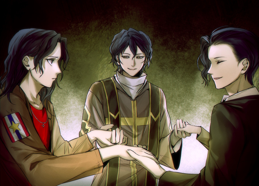 3boys, bangs, black_jacket, brown_jacket, cherry_(sp_gkdla), chromatic_aberration, closed_eyes, commentary_request