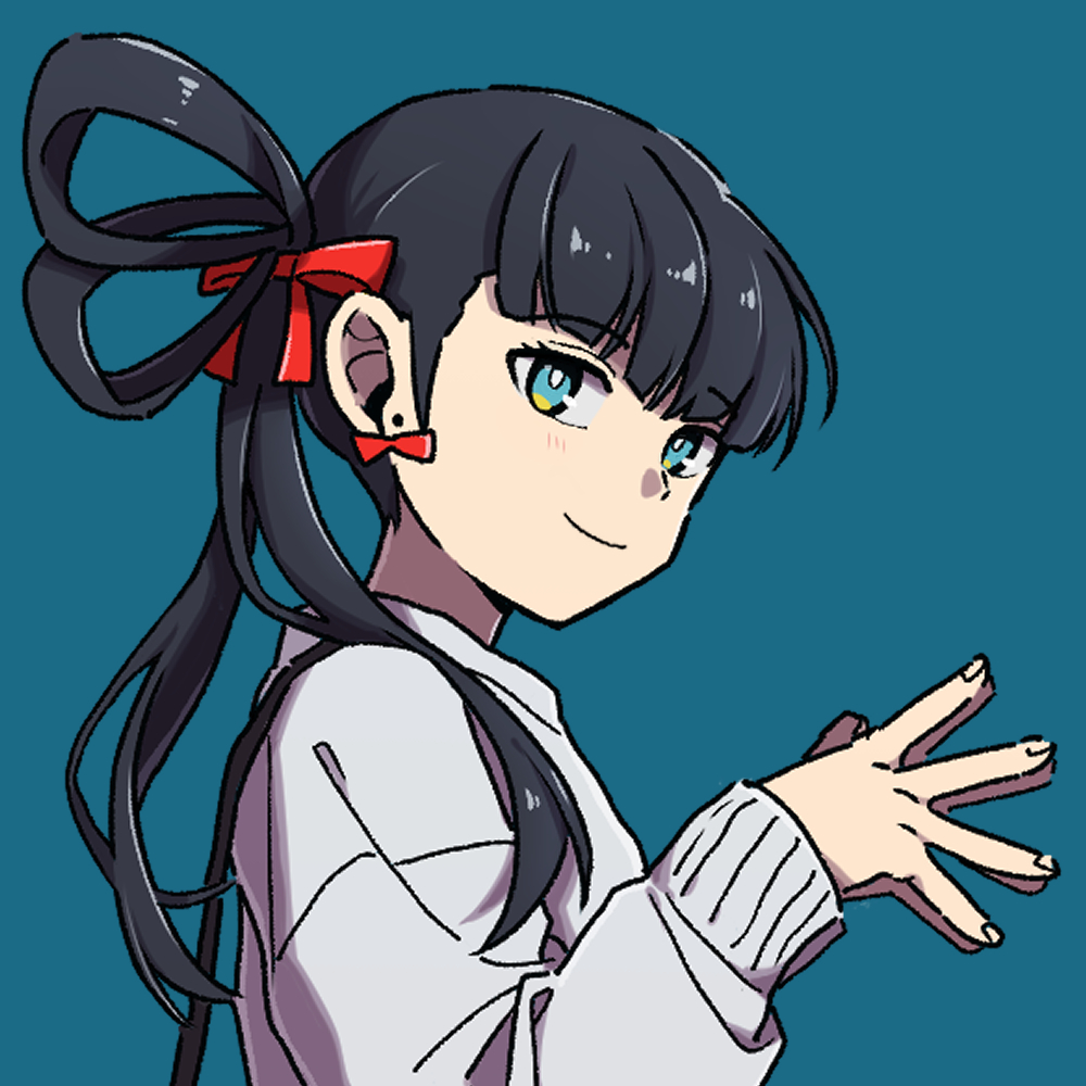 1girl, aqua_eyes, black_hair, blue_background, blue_eyes, blush, bow, bow_earrings
