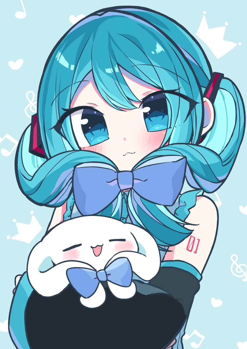1girl, :3, :d, =_=, absurdres, alternate_hairstyle, animal_hug, aqua_hair, bangs, bare_shoulders, blue_background, blue_bow, blue_eyes, blush, bow, cinnamiku, cinnamoroll, closed_mouth, crown, detached_sleeves, ear_bow, frills, front_ponytail, grey_shirt, hair_bow, hatsune_miku, heart, highres, kasaki_sakura, looking_at_viewer, musical_note, number_tattoo, sanrio, shirt, shoulder_tattoo, smile, tattoo, tied_ears, upper_body, vocaloid