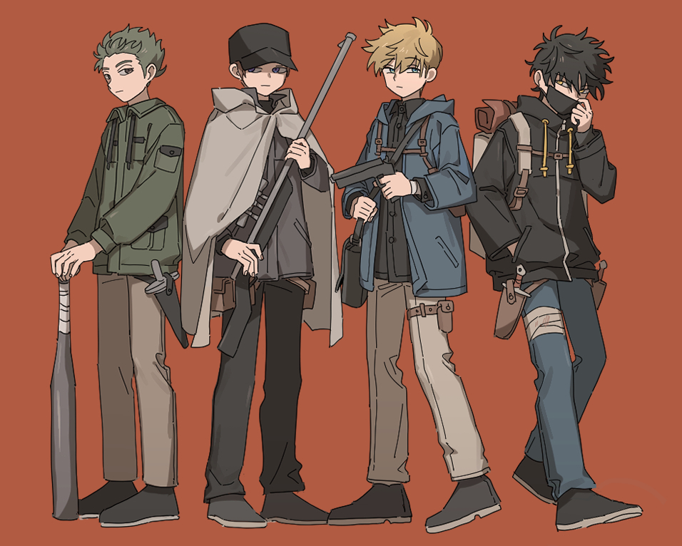 4boys, adapted_costume, adjusting_mask, arafune_tetsuji, backpack, bag, bandaged_leg, bandages, bangs, baseball_bat, baseball_cap, belt_buckle, black_footwear, black_hair, black_headwear, black_jacket, black_pants, black_shirt, blonde_hair, blue_jacket, blue_pants, brown_hair, buckle, casual, cloak, collared_shirt, covered_mouth, dagger, drawstring, dress_shirt, full_body, green_hair, green_jacket, grey_cloak, grey_jacket, grey_pants, gun, hand_in_pocket, handgun, hat, holding, holding_gun, holding_weapon, holster, holstered_weapon, hood, hood_down, hooded_cloak, hooded_jacket, inukai_sumiharu, jacket, kageura_masato, knife, long_sleeves, looking_at_viewer, male_focus, mask, mouth_mask, multiple_boys, murakami_kou, nana_0253, own_hands_together, pants, red_background, rifle, shirt, shoes, short_hair, shoulder_bag, shoulder_holster, simple_background, sniper_rifle, spiky_hair, standing, thigh_holster, turtleneck, untucked_shirt, weapon, world_trigger, zipper