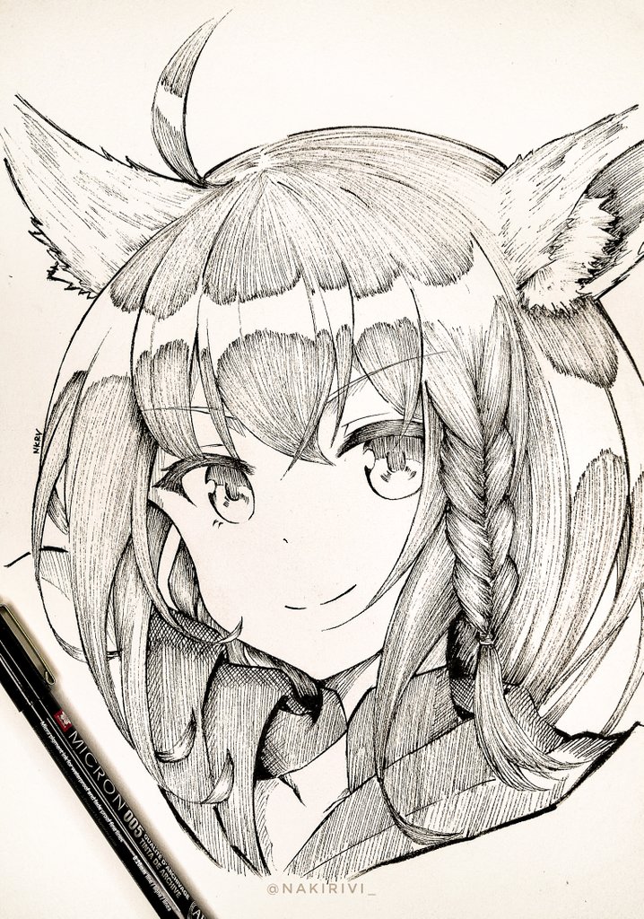 1girl, ahoge, animal_ear_fluff, animal_ears, bangs, commentary_request, fox_ears, fox_girl, greyscale, hair_between_eyes, hololive, looking_at_viewer, monochrome, nakiri_virus, nib_pen_(medium), shirakami_fubuki, sidelocks, smile, solo, traditional_media, twitter_username, virtual_youtuber