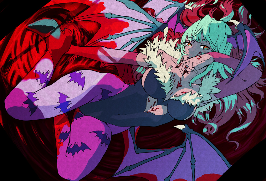 1girl, absurdres, animal_print, arm_up, bare_shoulders, bat_print, black_leotard, blood