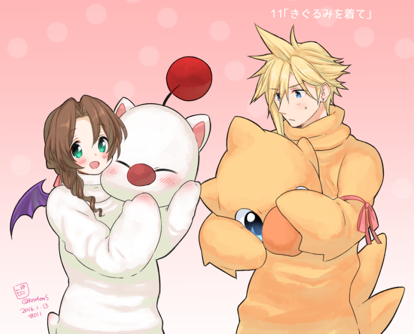 1boy, 1girl, aerith_gainsborough, alternate_costume, animal_costume, arm_ribbon, bangs, blonde_hair