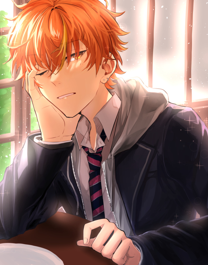 black_jacket, ear_piercing, earrings, hair_between_eyes, hand_up, highres, hiyoko_mochi, indoors, jacket, jewelry, looking_at_viewer, necktie, one_eye_closed, orange_hair, piercing, plate, project_sekai, school_uniform, shinonome_akito, shirt, short_hair, sitting, stud_earrings, white_shirt, window, yellow_eyes