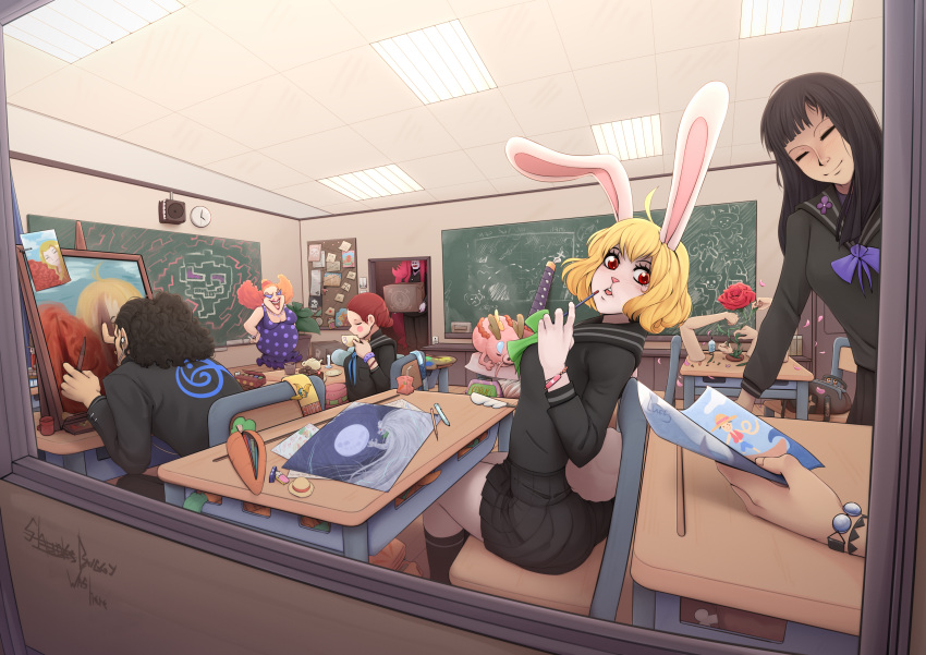 2boys, 4girls, ^_^, absurdres, ahoge, alternate_costume, alternate_hairstyle, animal_ears