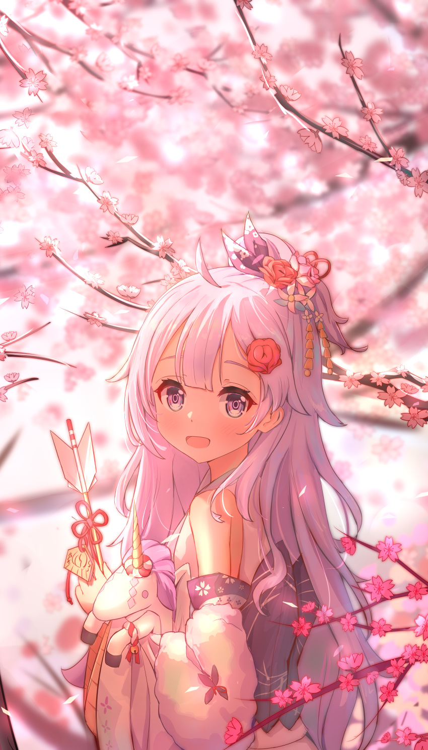 1girl, absurdres, ahoge, arrow_(projectile), azur_lane, bare_shoulders, blush, cherry_blossom_print