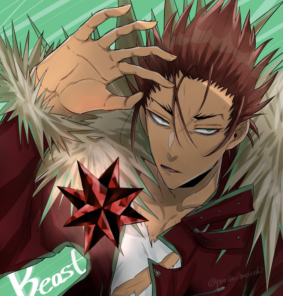 1boy, aaron_(buddy_mission_bond), brown_hair, buddy_mission_bond, fur_trim, green_background, hiyoko_mochi, jacket