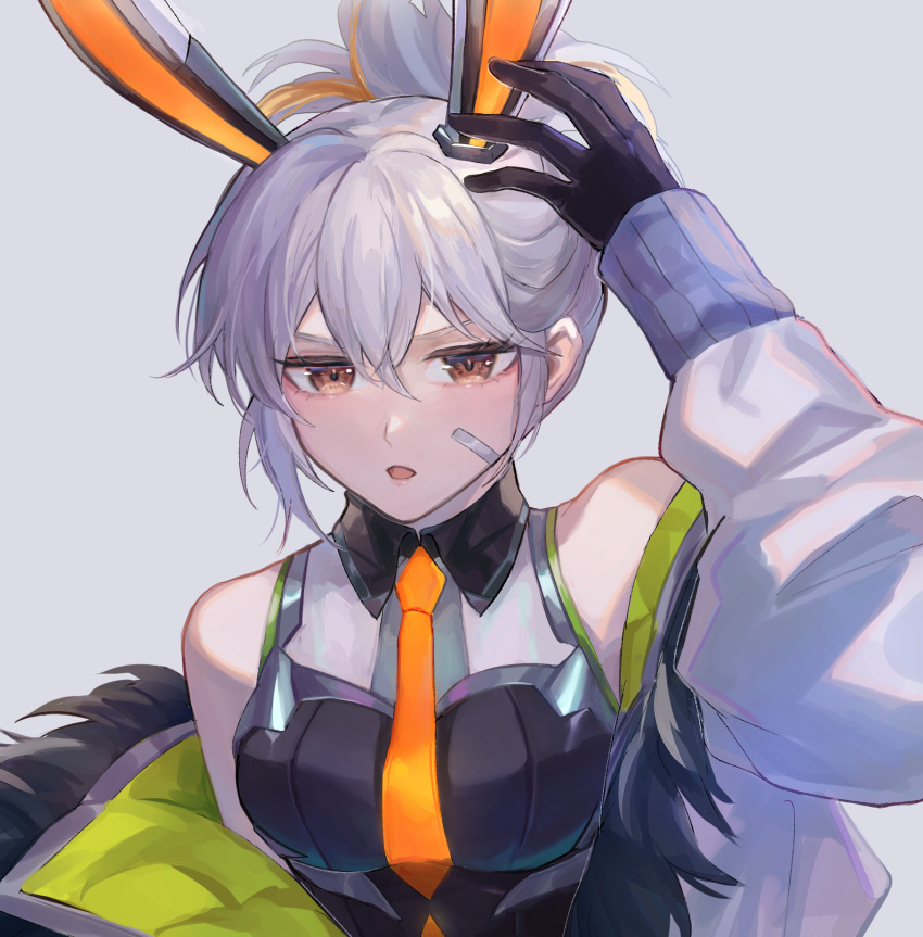 1girl, :o, animal_ears, bangs, bare_shoulders, battle_bunny_prime_riven, black_gloves, brown_eyes