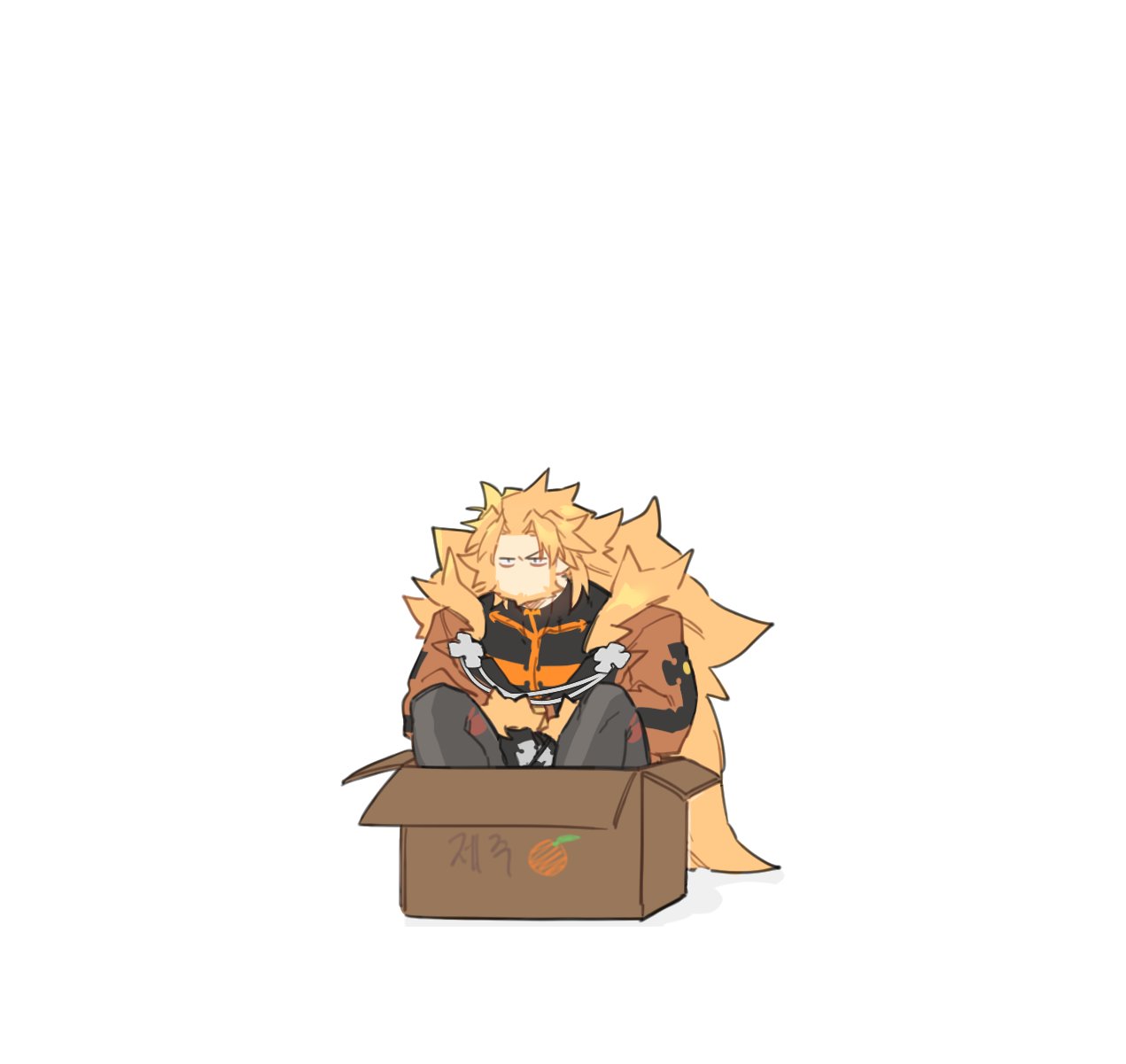 1boy, beard, blonde_hair, blue_eyes, box, cardboard_box, chibi, coat