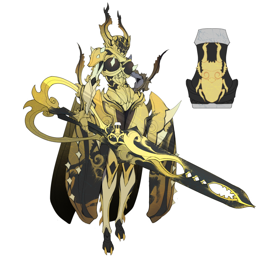 1girl, absurdres, armor, armored_dress, arthropod_girl, arthropod_limbs, black_armor, breasts