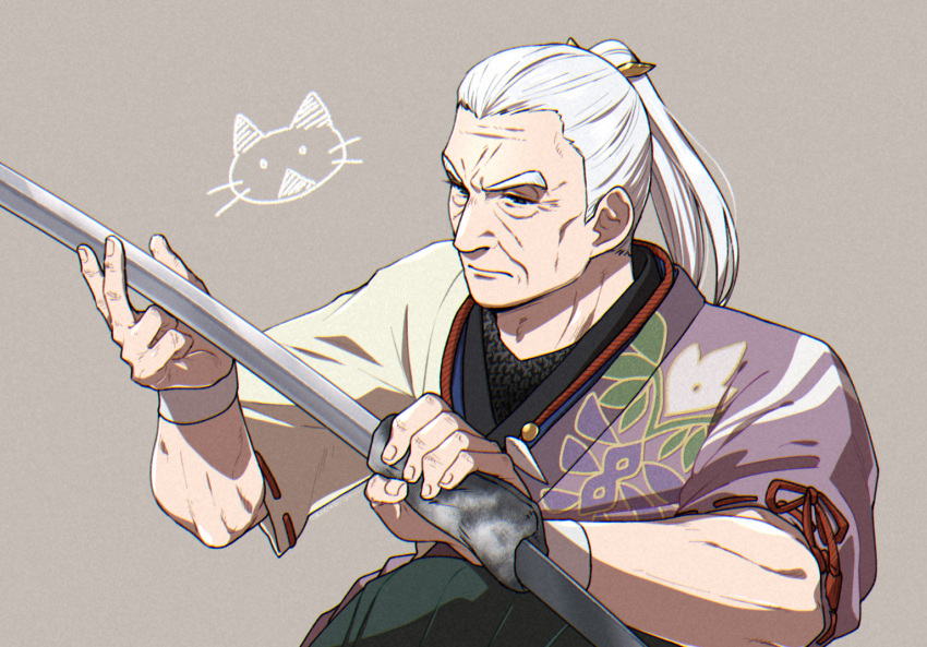 1boy, batabiru, black_hakama, brown_background, copyright_request, hakama, holding, holding_sword