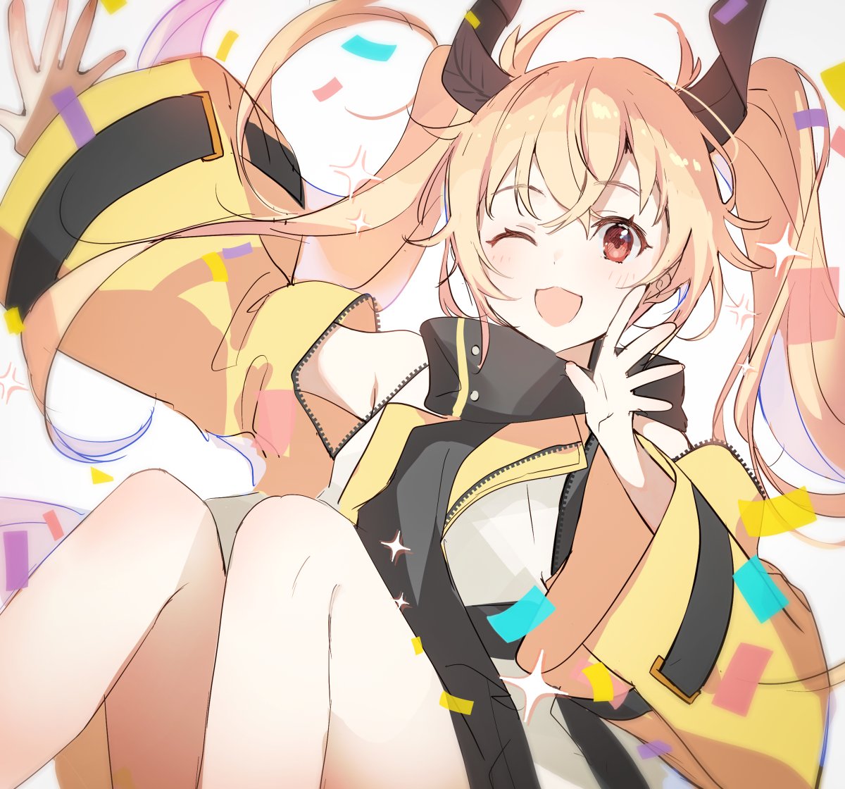 1girl, bangs, blonde_hair, hair_between_eyes, hair_ornament, horns, jacket, kagase_uno