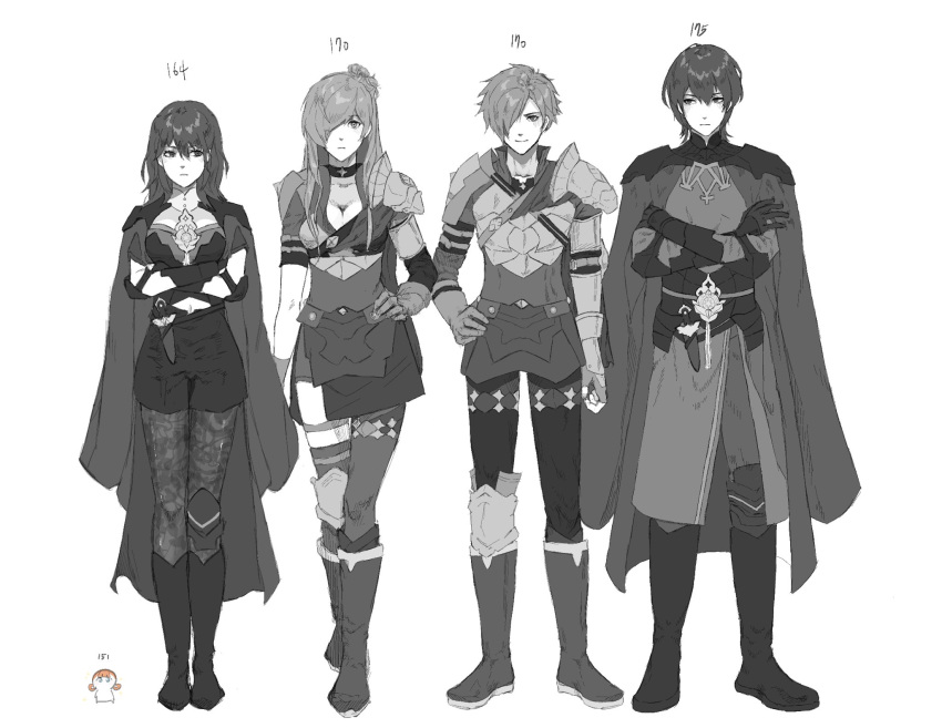 2boys, 2girls, armor, artist_request, breasts, byleth_(fire_emblem), byleth_eisner_(female), byleth_eisner_(male), cape, closed_mouth, dual_persona, fire_emblem, fire_emblem:_three_houses, fire_emblem_warriors:_three_hopes, gloves, hair_ornament, height_difference, highres, holding, long_hair, long_sleeves, looking_at_viewer, medium_hair, monochrome, multiple_boys, multiple_girls, shez_(fire_emblem), shez_(fire_emblem)_(female), shez_(fire_emblem)_(male), short_hair, simple_background, smile