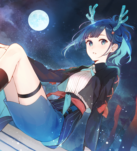 1girl, animal_ears, black_hair, blue_hair, hair_ornament, hitoshiro_itsuki, horns, jacket